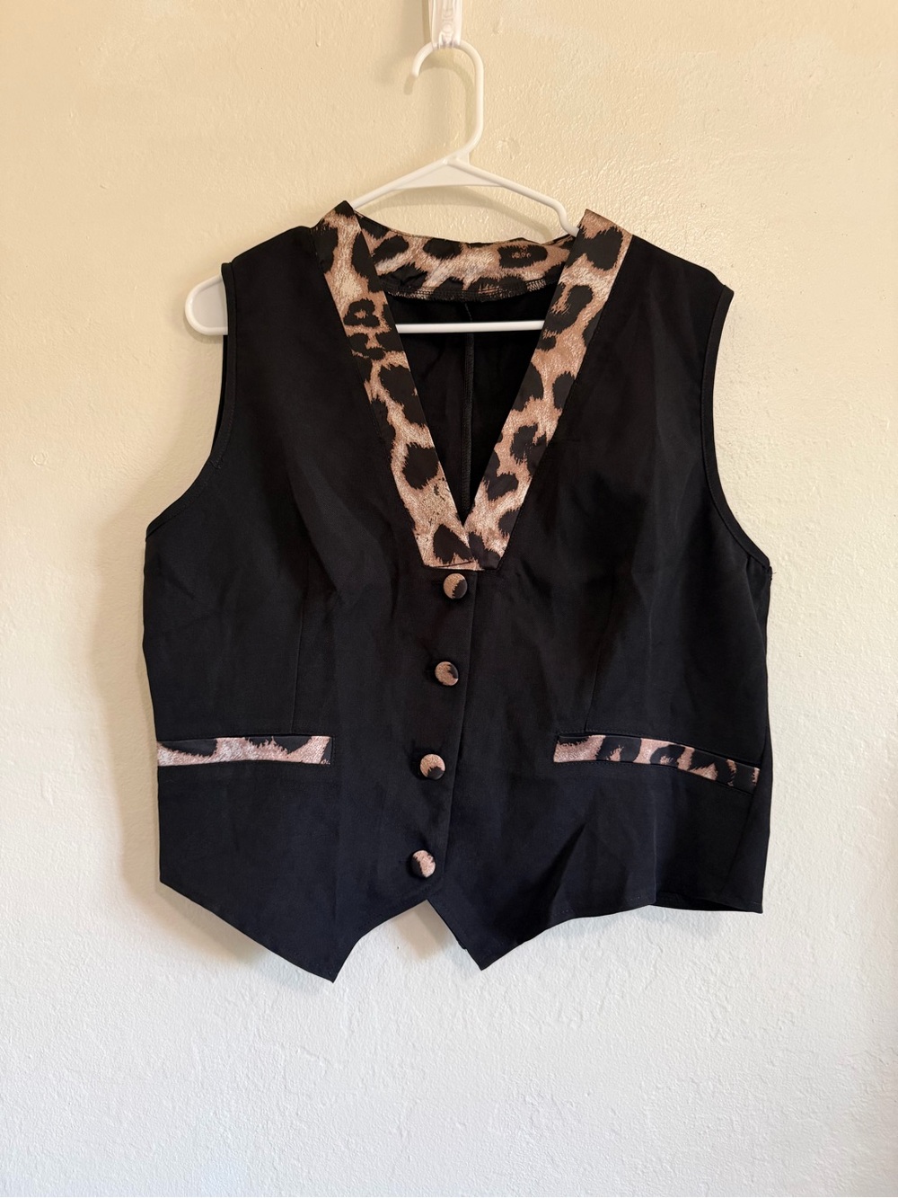 Vintage Black Leopard Print Trim Button Front Vest